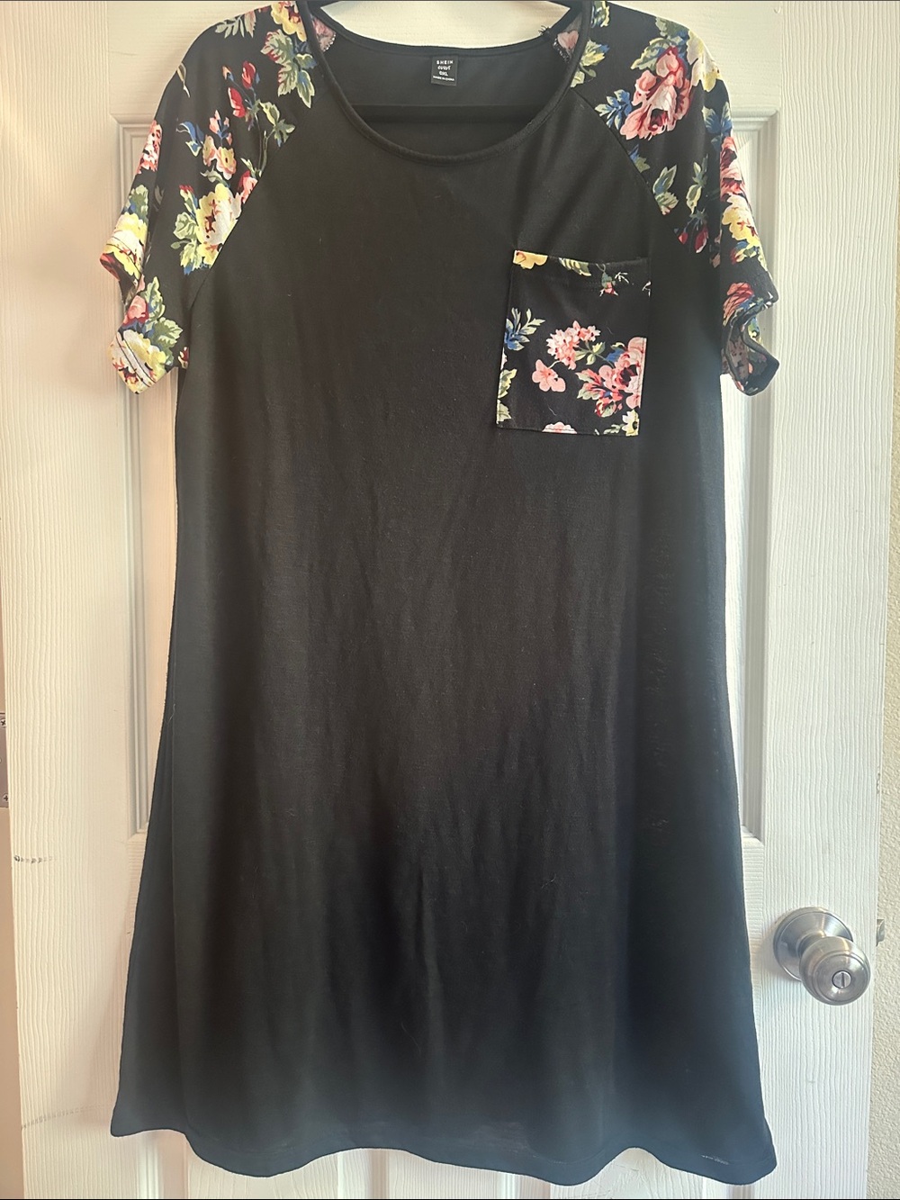 SHEIN Black Mini Dress with Floral Sleeves and Pocket
